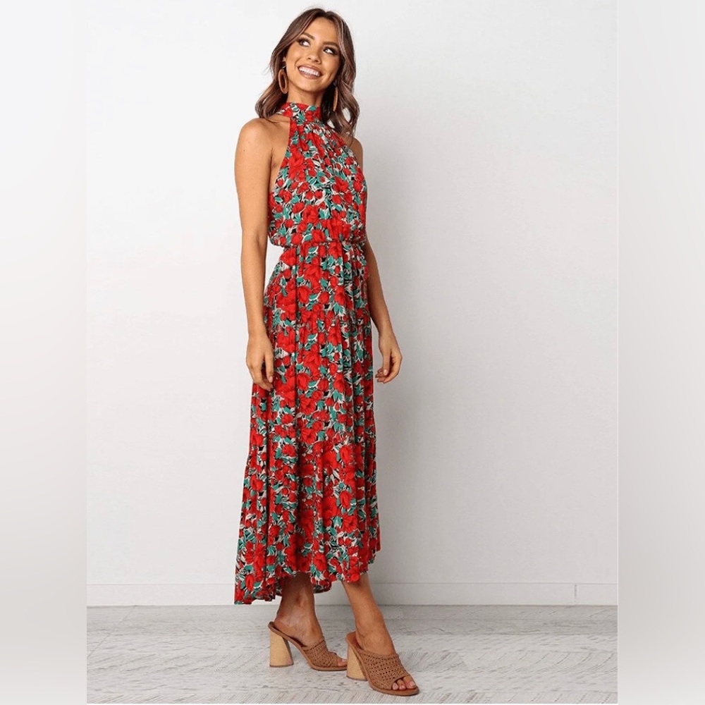 Ebby & I Midi Dress Floral Red Poppy Halter Neck Tie Waist Boho Size S 8 - Picture 2 of 16
